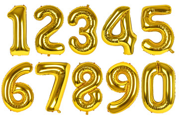 Set of golden balloons of numbers on isolated white background