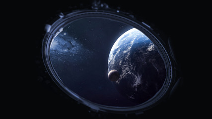 Obraz premium Earth and Moon in outer space. View from ISS porthole. Elements of this image furnished by NASA