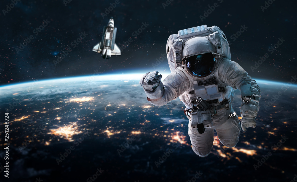 Aufkleber Astronaut in outer space near Earth planet. Space shuttle and stars on background. Elements of this image furnished by NASA.