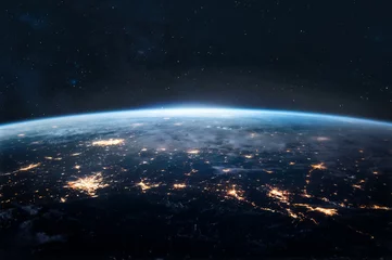Fotobehang Planeet aarde in de nacht. Ruimte aan de horizon. Elementen van deze afbeelding geleverd door NASA © dimazel