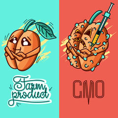Set of vector illustrations of a farm product vs GMO syringe. healthy organic food vs harmful GMO foods. character peach