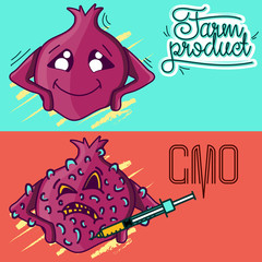 Set of vector illustrations of a farm product vs GMO syringe. healthy organic food vs harmful GMO foods. character Garnet