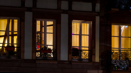 Highlighted windows close-up night view, Strasbourg, old center