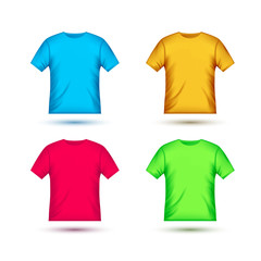 Blank t-shirt template clothing fashion. Orange, red, green and blue shirt design with sleeve cotton uniform