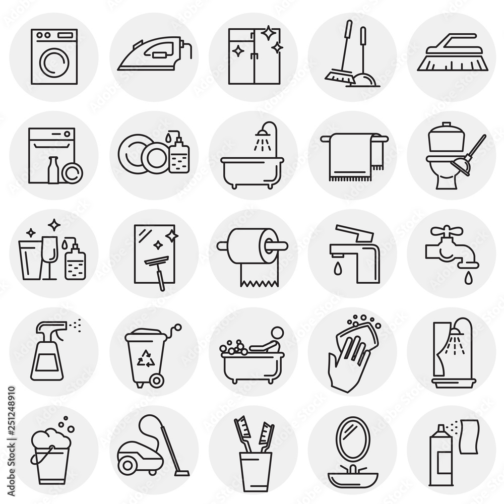 Poster Cleaning icon set on circles background for graphic and web design, Modern simple vector sign. Internet concept. Trendy symbol for website design web button or mobile app
