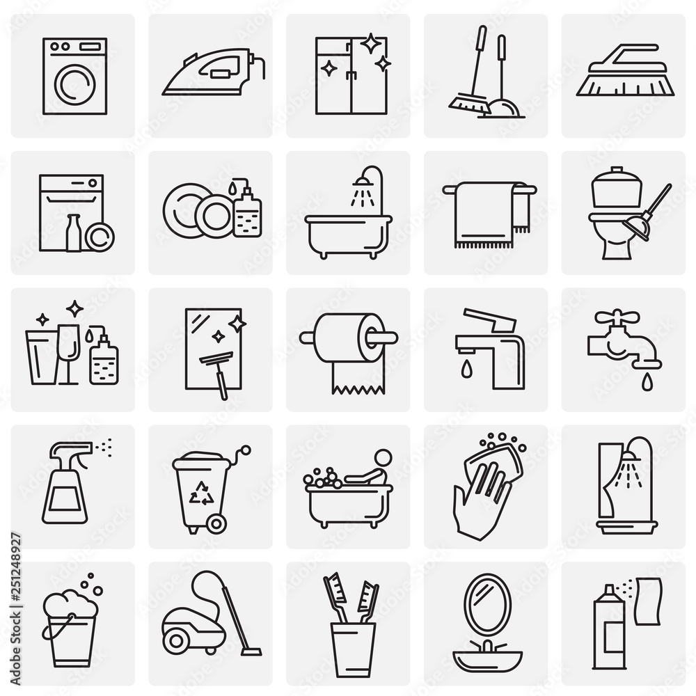 Poster Cleaning icon set on squares background for graphic and web design, Modern simple vector sign. Internet concept. Trendy symbol for website design web button or mobile app