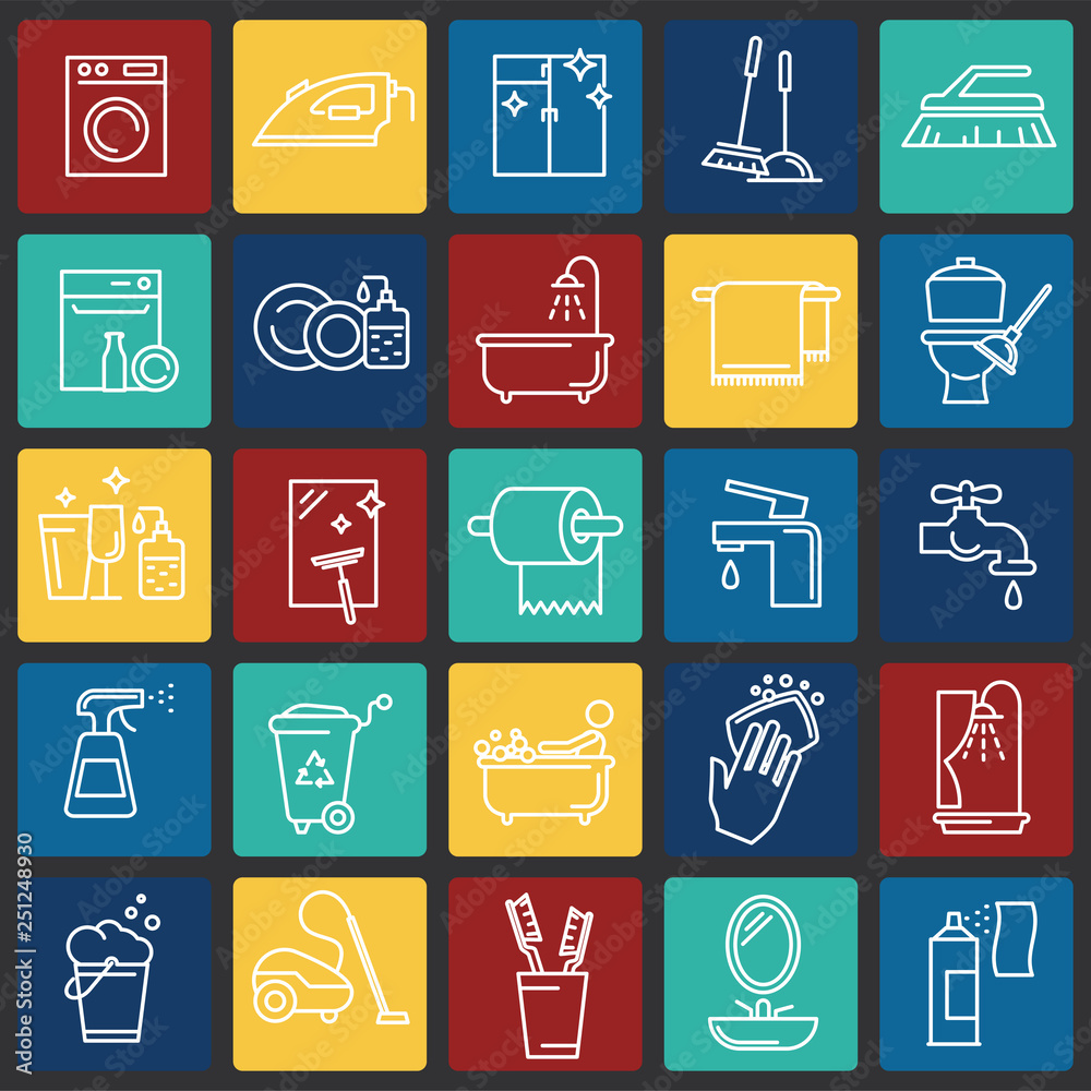 Poster Cleaning icon set on color squares background for graphic and web design, Modern simple vector sign. Internet concept. Trendy symbol for website design web button or mobile app
