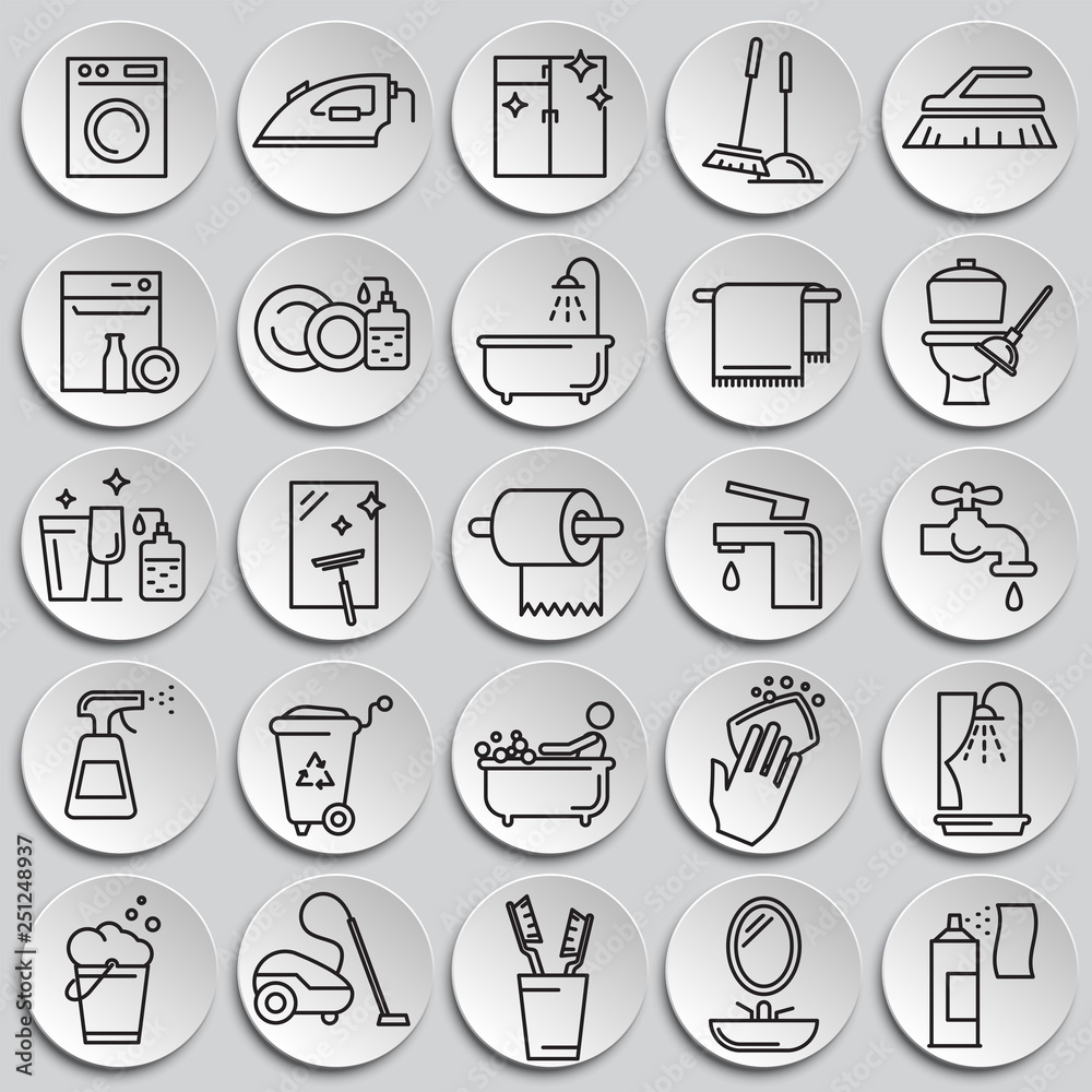 Poster Cleaning icon set on plates background for graphic and web design, Modern simple vector sign. Internet concept. Trendy symbol for website design web button or mobile app