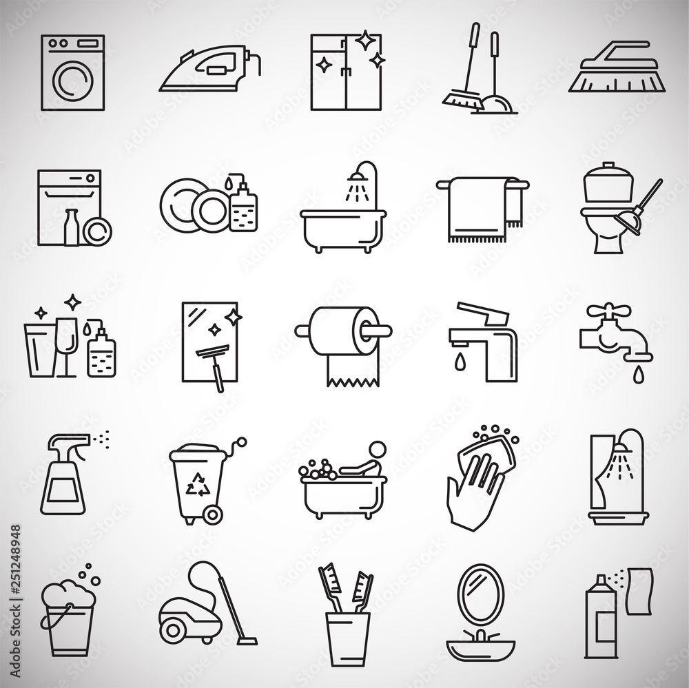 Poster Cleaning icon set on white background for graphic and web design, Modern simple vector sign. Internet concept. Trendy symbol for website design web button or mobile app