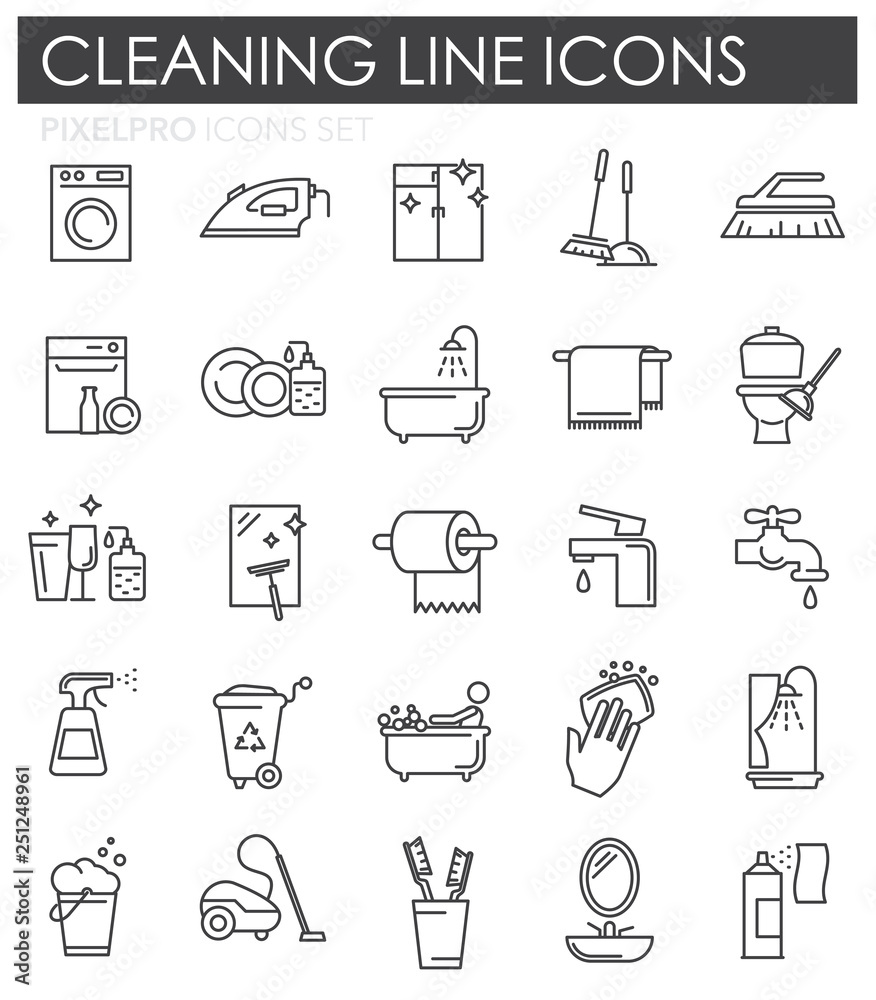 Poster Cleaning icon set on white background for graphic and web design, Modern simple vector sign. Internet concept. Trendy symbol for website design web button or mobile app