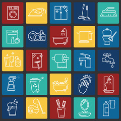Cleaning icon set on color squares background for graphic and web design, Modern simple vector sign. Internet concept. Trendy symbol for website design web button or mobile app