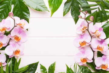 Beauty and fashion concept with spa set on pastel rustic wooden background.