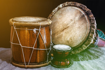 ethnic percussion musical instruments, drums of different sizes 