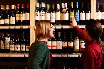 Photo from back of two young women at wine store