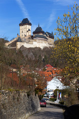 Winter royal gothic Castle Karlstejn near Prague in the sunny Day, Czech republic