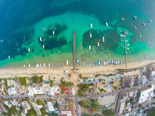 Aerial view on coast of Caribbean Sea in Puerto Morelos, small Fishing village in Mexico. 