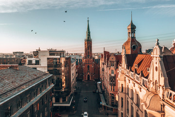 Panorama view of Riga city sunset near the old town including suspension bridge and main cathedral...