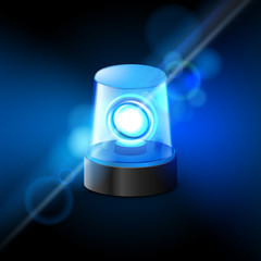 Blue flashing police beacon alarm. Police light siren emergency equipment. Danger flash ambulance beacon