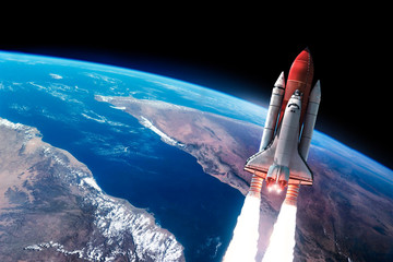 Space shuttle launch in the open space over the Earth. Blue gradient. Space art wallpaper. Elements of this image furnished by NASA