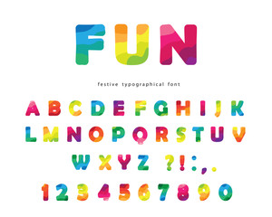 Modern colorful font. Bright ABC letters and numbers isolated on white. Trendy flexible alphabet. Vector
