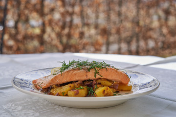 Baked salmon fillet with roasted potatoes and onion like side dish and slices of lemon and chopped fresh dill herbs served on rustic plate outdoor in garden restaurant during sunny spring day