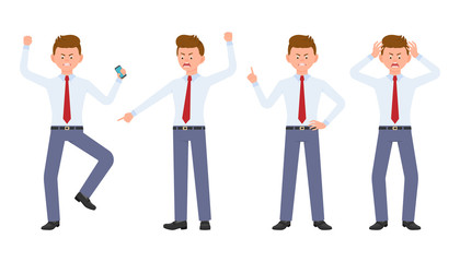 Young office manager in formal wear angry, stressed, desperate. Cartoon character design of shouting, pointing finger, unhappy man emotions concept - Vector