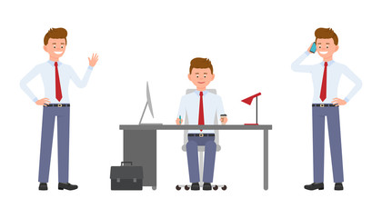 Young happy office worker sitting at the desk, waving hello, talking on phone. Cartoon character design of cute clerk busy during day job concept - Vector