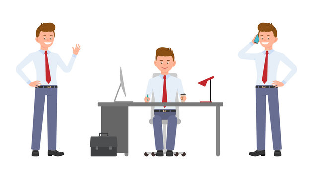 Young happy office worker sitting at the desk, waving hello, talking on phone. Cartoon character design of cute clerk busy during day job concept - Vector