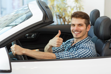 Smiling male customer sitting in car, keeping hand on wheel, showing sign okay and looking at...