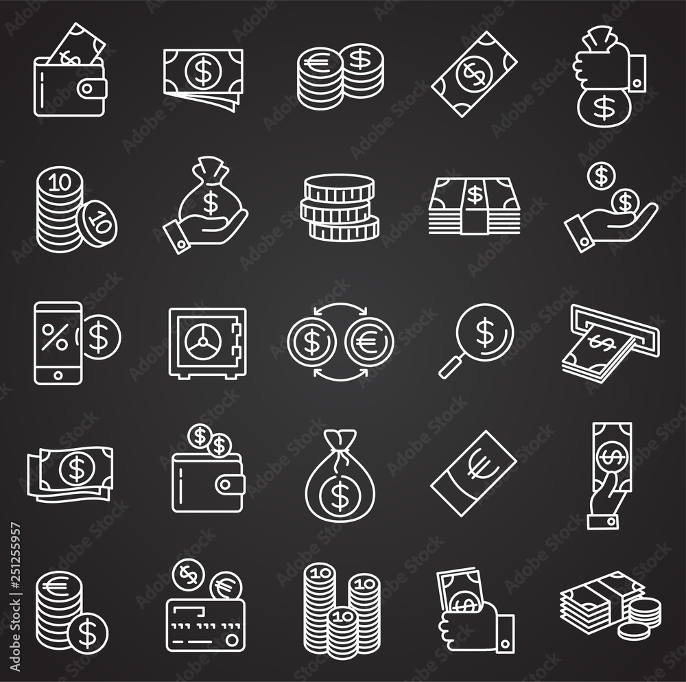 Poster money line icons set on black background for graphic and web design, modern simple vector sign. inte