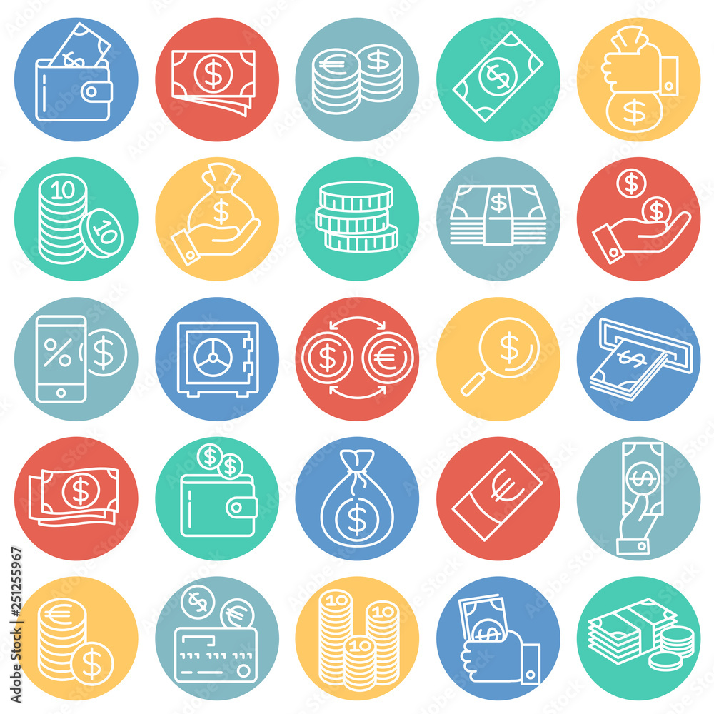 Poster money line icons set on color circles white background for graphic and web design, modern simple vec