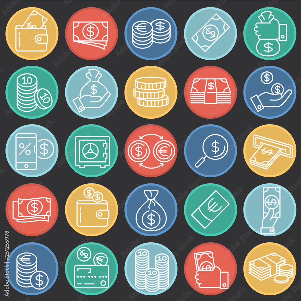 Poster money line icons set on color circles black background for graphic and web design, modern simple vec