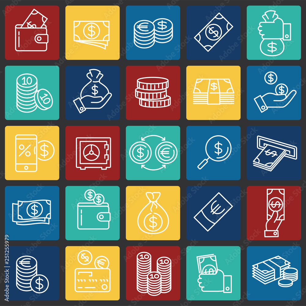 Fototapete money line icons set on color squares background for graphic and web design, modern simple vector si