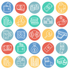 Money line icons set on color circles white background for graphic and web design, Modern simple vector sign. Internet concept. Trendy symbol for website design web button or mobile app