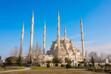 Fototapeta na wymiar Sabanci Central Mosque in Adana, Seyhan city of Turkey with blue sky with mosque minarets. 