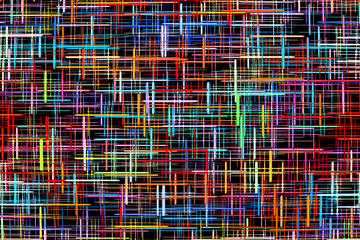 Abstract multicolored grid and checkered pattern on black background.