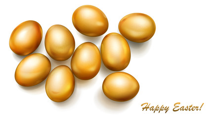 Realistic golden Easter eggs with shadows on white background