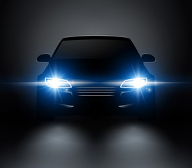 Car lights realistic front silhouette view. Automobile vector car headlights in darkness