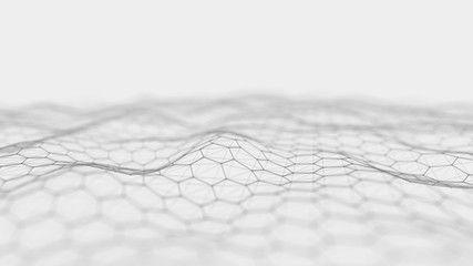 Futuristic white hexagon background. Futuristic honeycomb concept. Wave of particles. 3D rendering. Data technology background