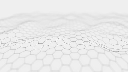Futuristic white hexagon background. Futuristic honeycomb concept. Wave of particles. 3D rendering. Data technology background