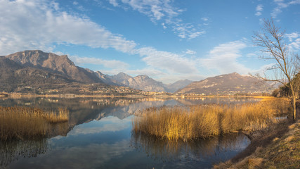 Landscape of the lakes of Brianza (Italy) with a view on the Lombardy pre-Alps