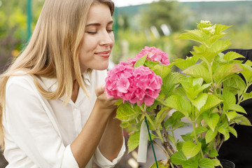 Fototapeta premium Attractive blonde with eyes closed enjoying scent of blooming flower in greenhouse. Female customer in white shirt smiling and keeping pink hydrangea in hands. Concept of pleasure.