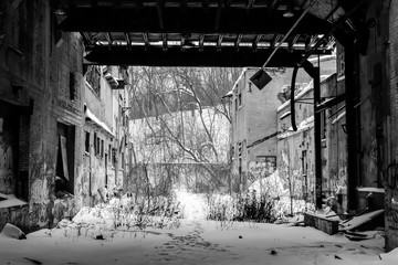 abandoned and derelict factory ruins in winter