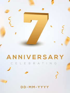 7 Anniversary gold numbers with golden confetti. Celebration 7th anniversary event party template