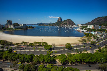 Exotic mountains. Famous mountains. Mountain of the Sugar Loaf in Rio de Janeiro, Brazil South America. Panoramic view of boats and yachts in the marina. 