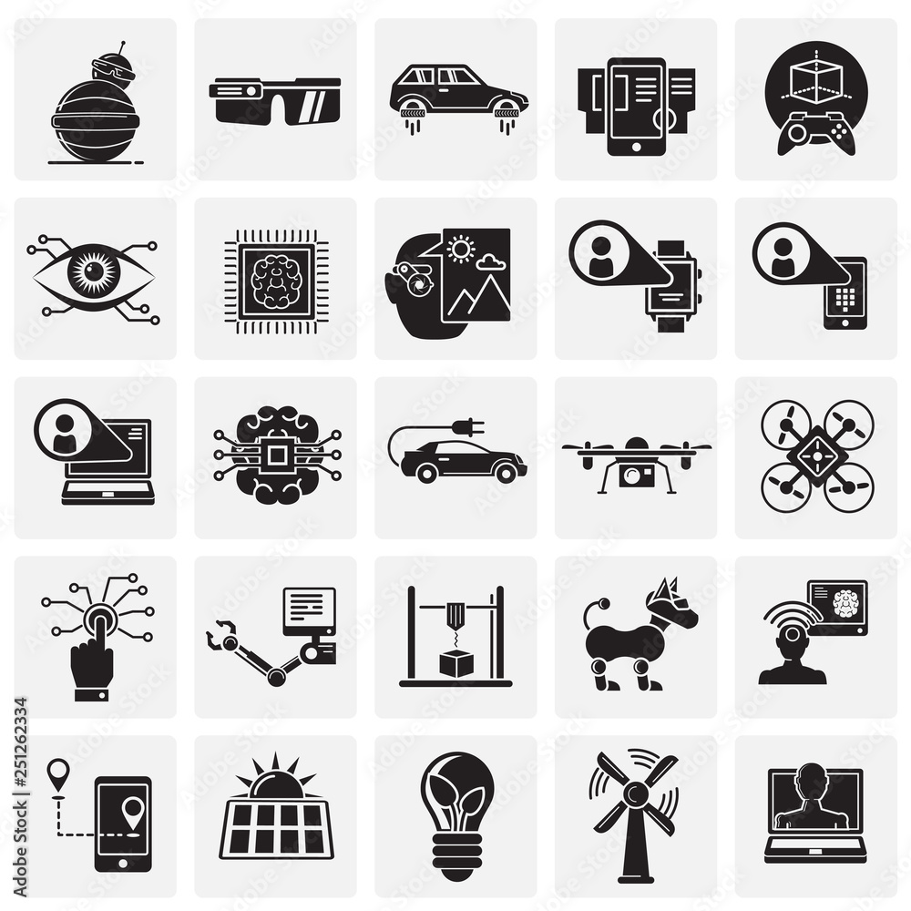 Poster future technologies icons set on squares background for graphic and web design, modern simple vector