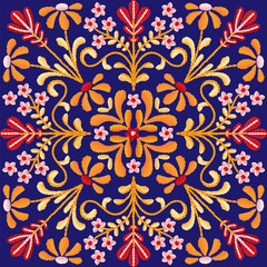 Vector seamless decorative floral embroidery pattern, ornament for textile, kerchief, pillow or handbag decor. Bohemian handmade style background design. - 251262572