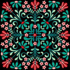 Vector seamless decorative floral embroidery pattern, ornament for textile, kerchief, pillow or handbag decor. Bohemian handmade style background design.