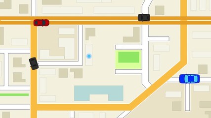 Multi-colored cars from the taxi service move around the map. On the screen for your phone you can see where the car is from a taxi. A simulated ride sharing app map background screen for a tablet.