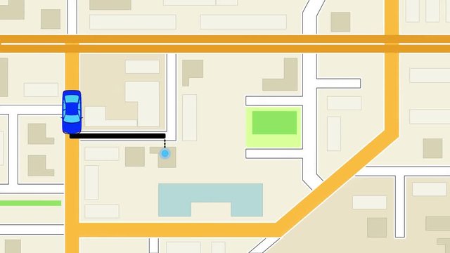 Blue car from the taxi service takes the passenger. On the screen of your phone or computer, you can see the map where the car from the taxi. Geolocation icon.